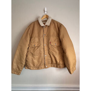 Levis Mens XL Tan Type II Pleated Front Sherpa Lined Relaxed Fit Trucker Jacket